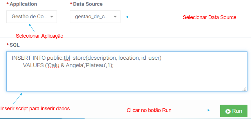 Execução da query de inserção na tabela tbl_store