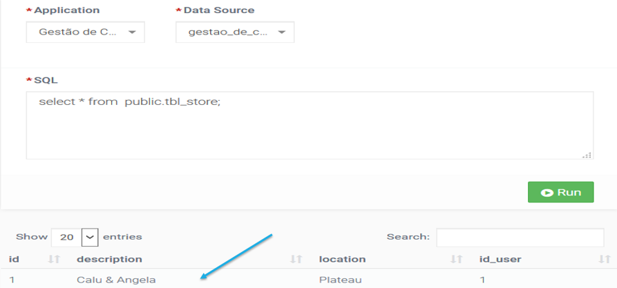 Execução da query de selecionar dados da tabela tbl_store