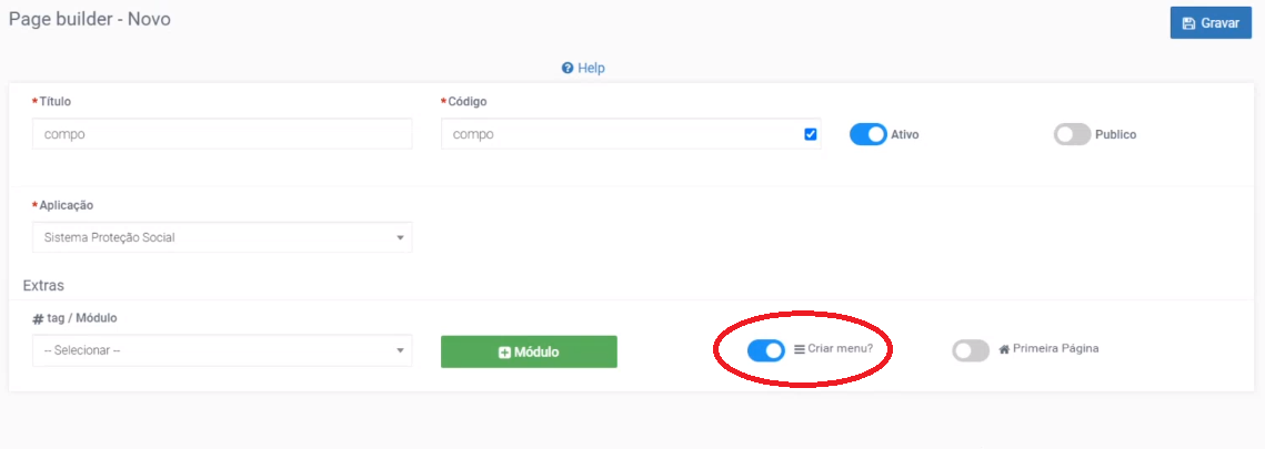 Ativação da propriedade de Criar Menu
