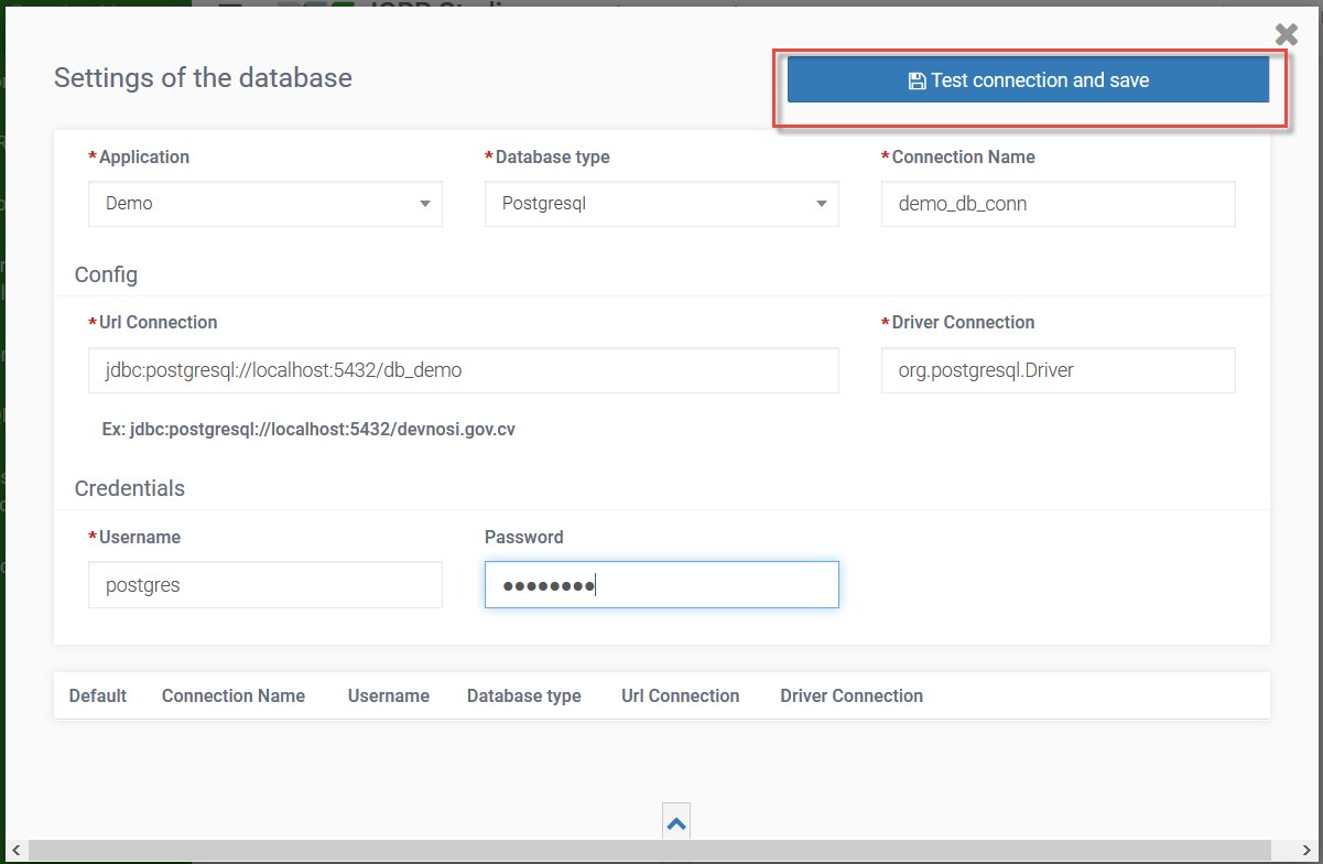 Configuração de conexão de Base de Dados