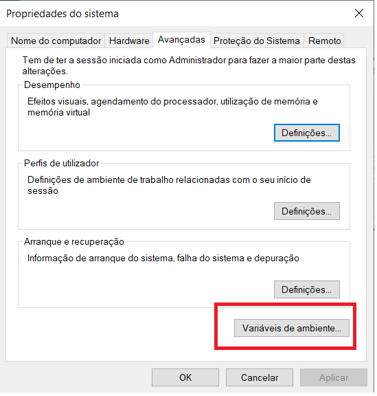 Em variáveis de Ambiente