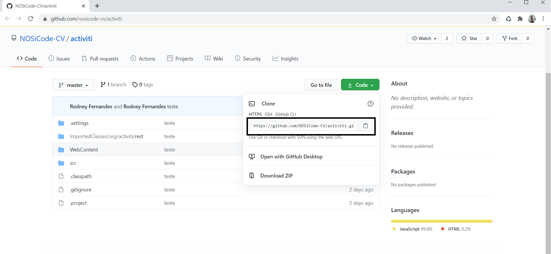 Copiar Link do code para activiti