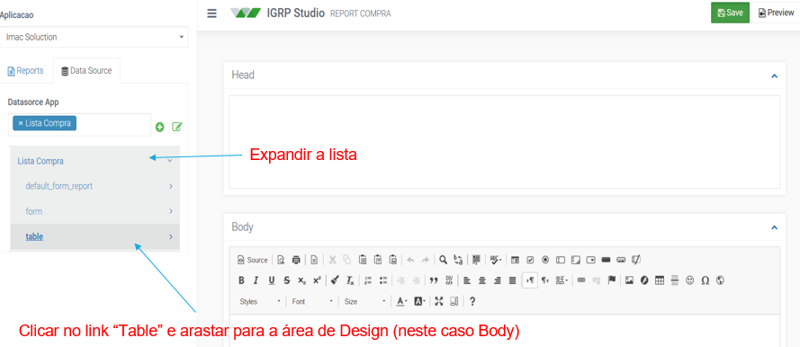 Escolha do Table para a área de design