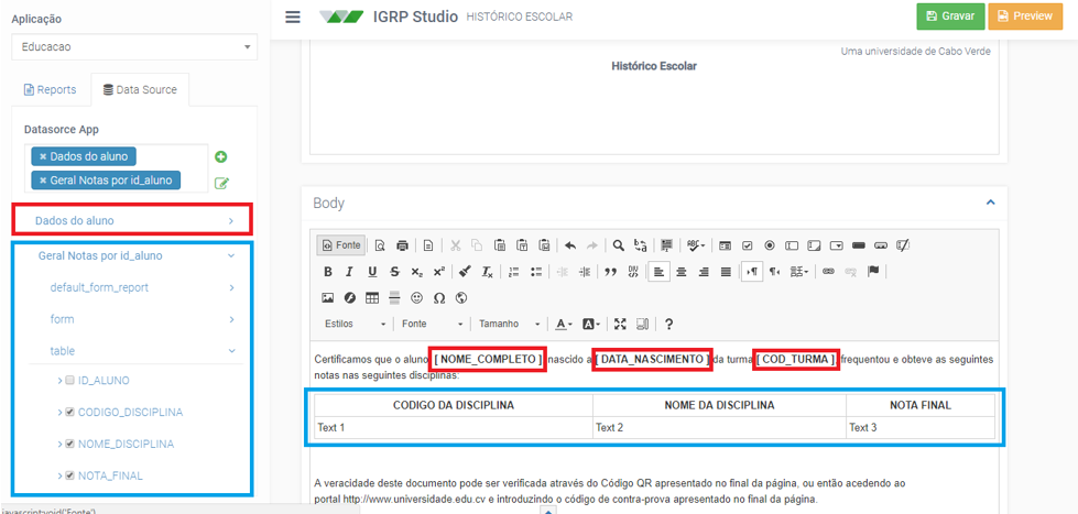 Exemplo de um histórico escolar no modo de edição