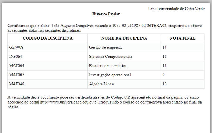 Exemplo de um report de um histórico escolar