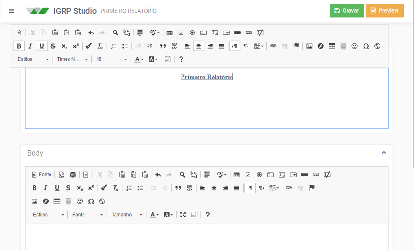 Ferramenta de formatação de texto no Head e outra no Body