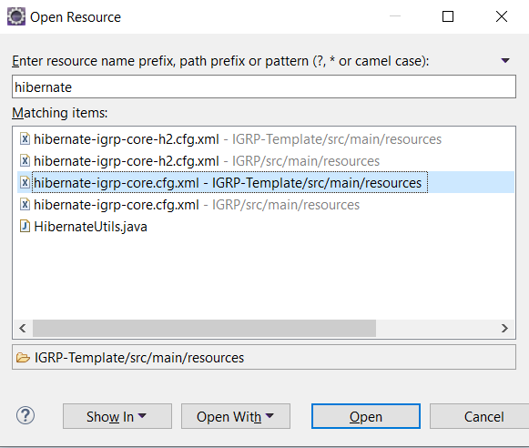 Ficheiro hibernate-igrp-core.cfg.xml 