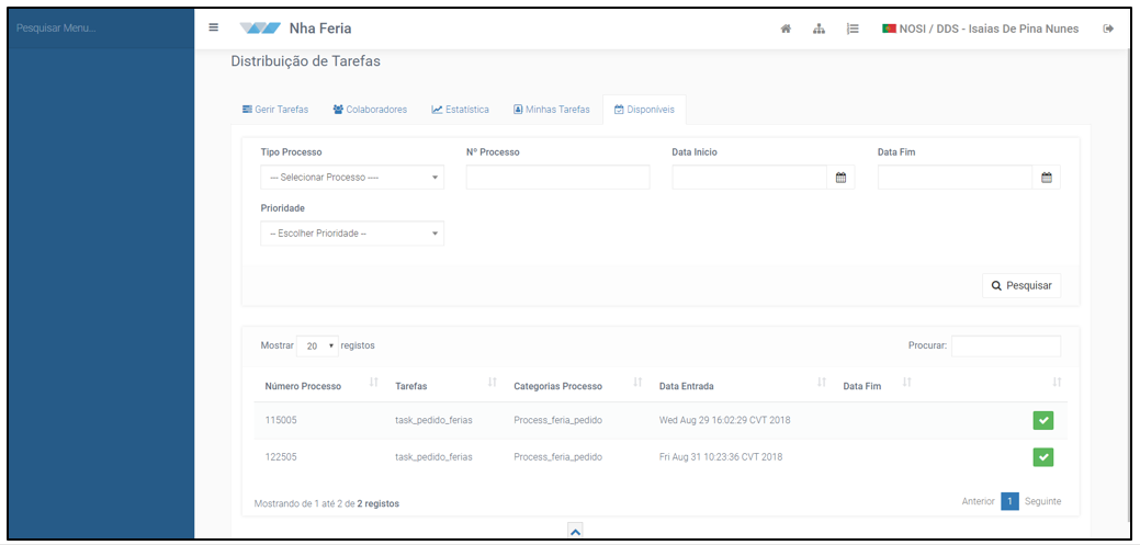 Gestão de processos, tarefas disponíveis