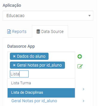 Lista de Data Source com os componentes Professor e Disciplinas
