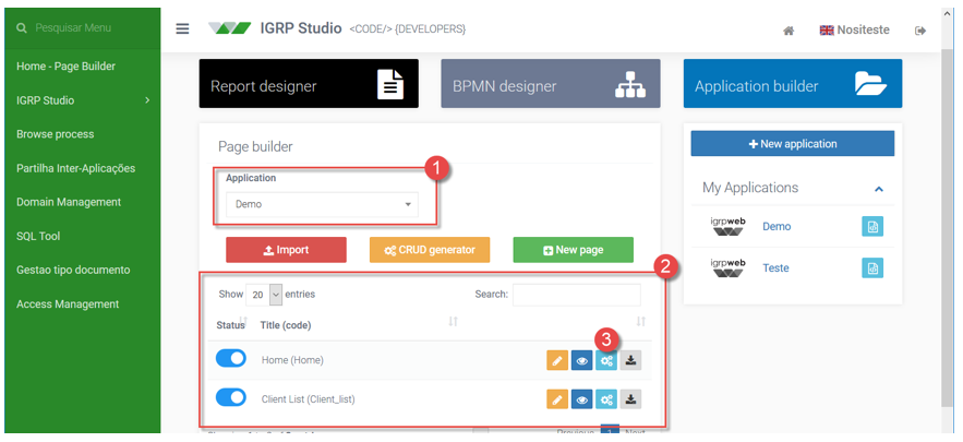 Home - Page Builder - Lista de páginas por aplicação
