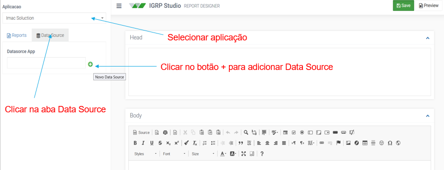 Seleção da aplicação e adição de Data Source
