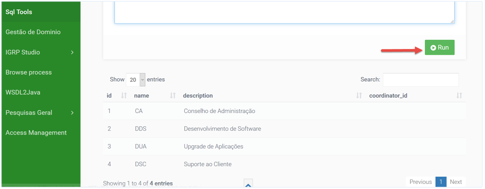 Tabela de resultado de SQL Tool