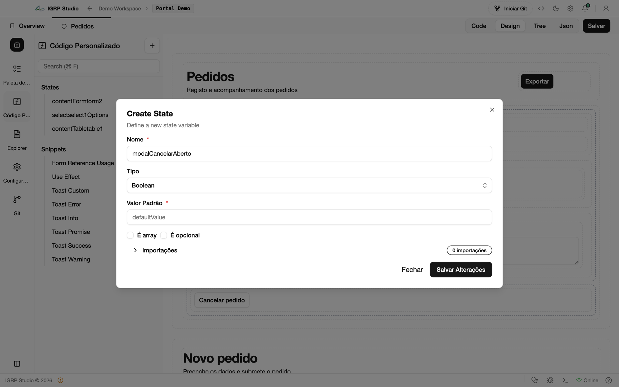 Diálogo Create State com o estado modalCancelarAberto do tipo Boolean