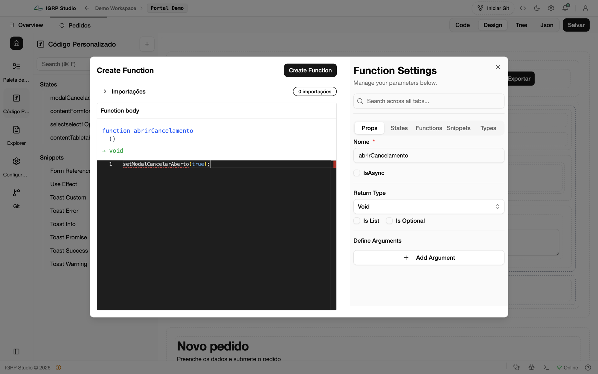Diálogo Create Function com a função abrirCancelamento e o painel Function Settings