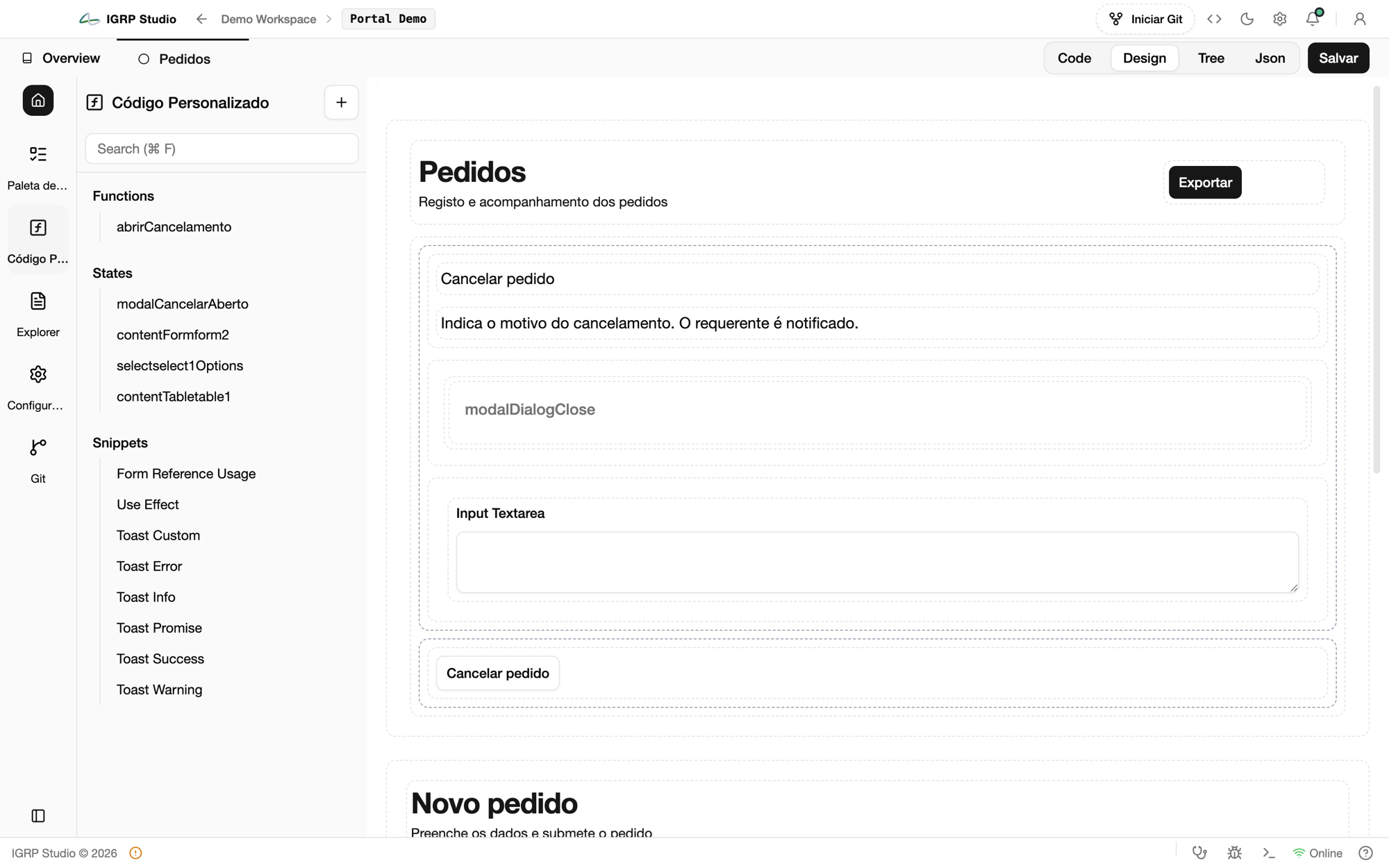 Painel Código Personalizado com a função abrirCancelamento, os estados da página e os snippets