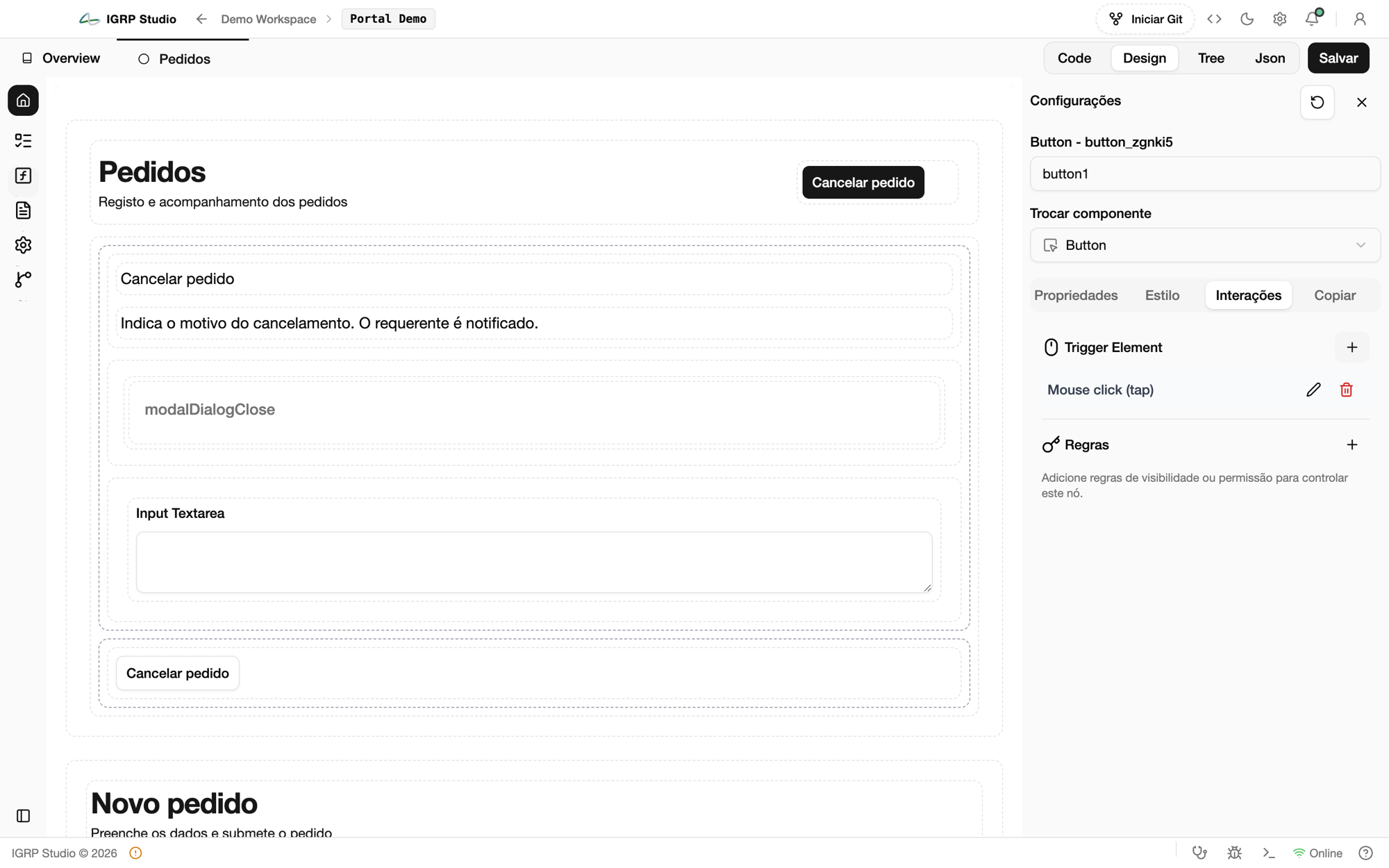 Separador Interações do botão Cancelar pedido com o gatilho Mouse click (tap)