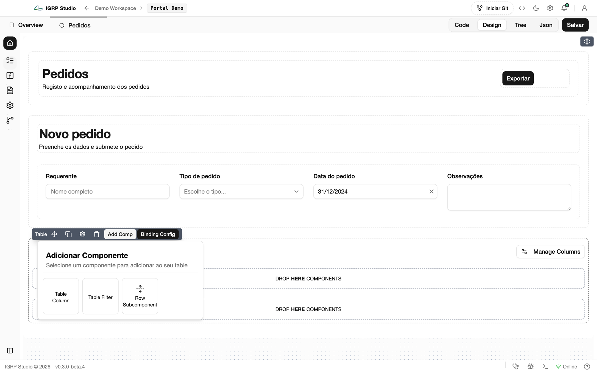 Barra de ferramentas da tabela e o diálogo Adicionar Componente com Table Column, Table Filter e Row Subcomponent