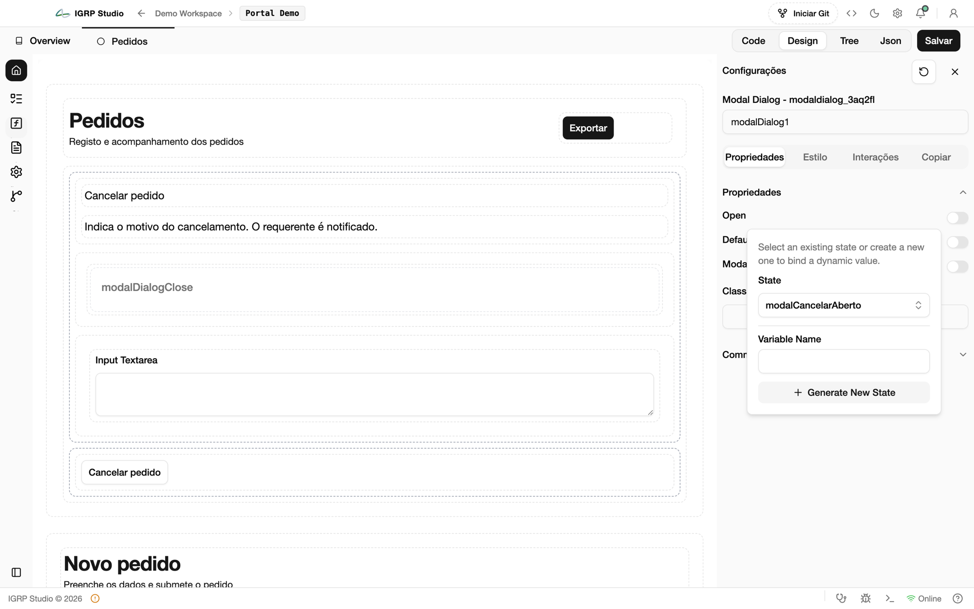 Prop Open do Modal Dialog ligada ao estado modalCancelarAberto
