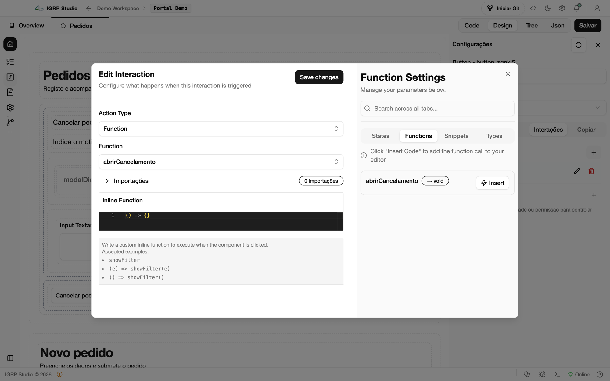 Edit Interaction do botão com a função abrirCancelamento selecionada
