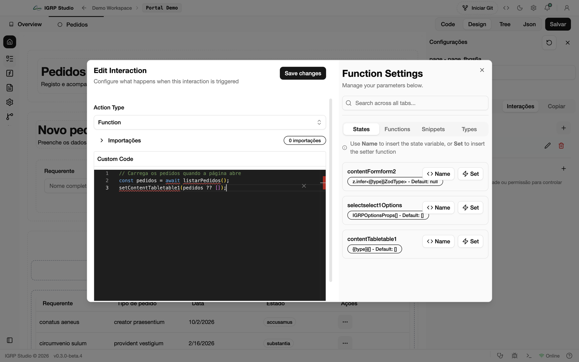Edit Interaction do On load com código que carrega os pedidos e Function Settings com os estados