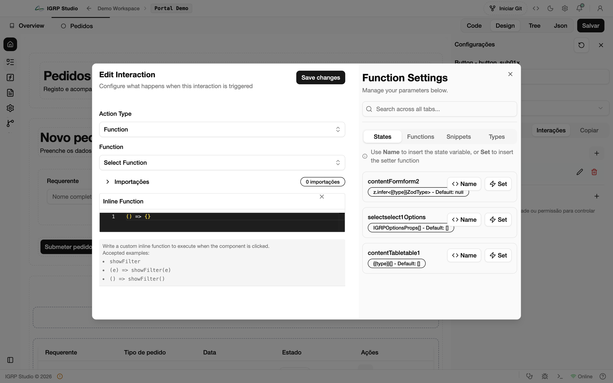 Edit Interaction com Action Type Function, a escolha de função e a função inline