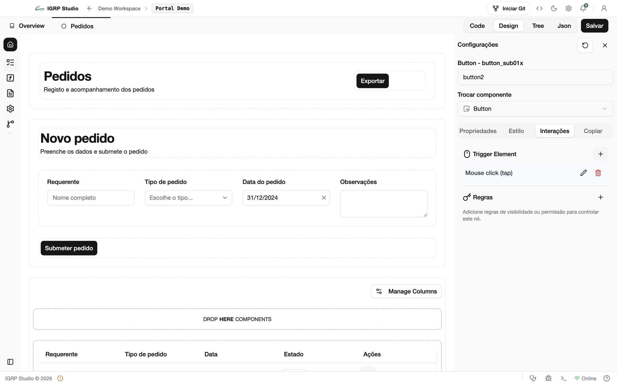 Separador Interações do botão Submeter pedido com o gatilho Mouse click (tap)