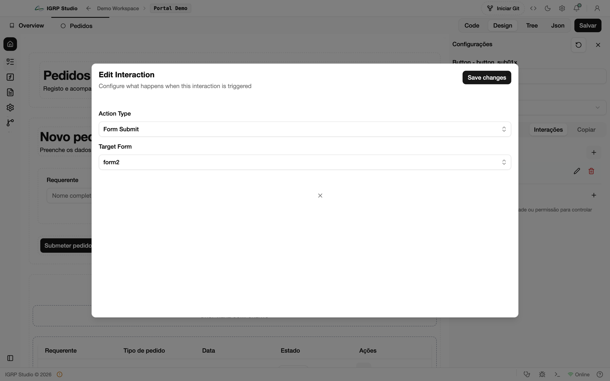 Edit Interaction com Action Type Form Submit e o formulário de destino