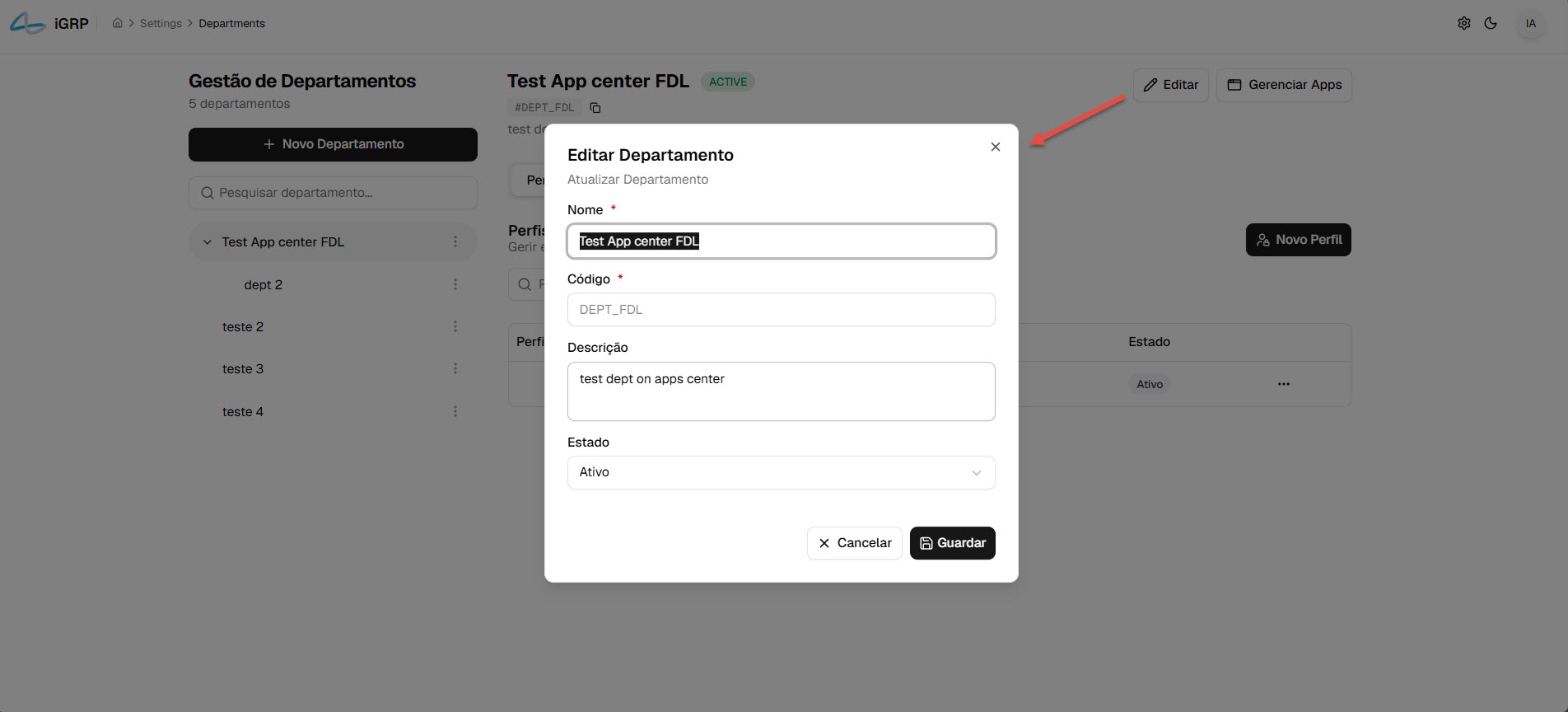 Modal Editar Departamento