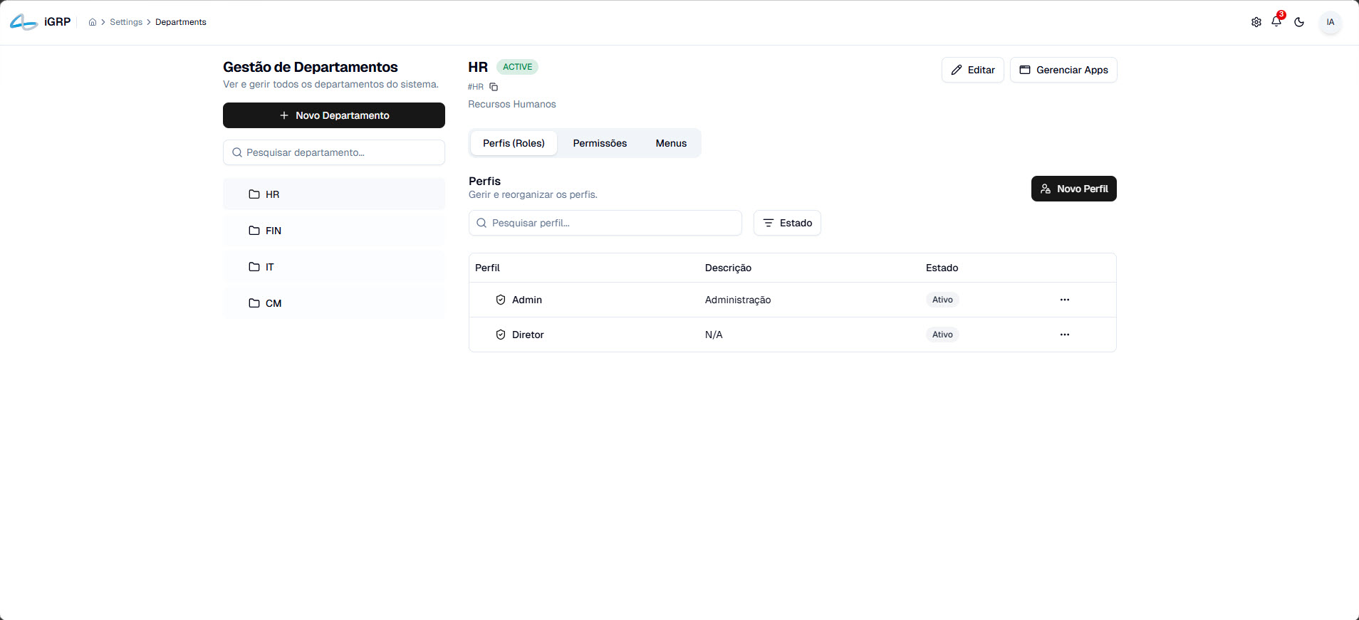 Interface de Gestão de Departamentos