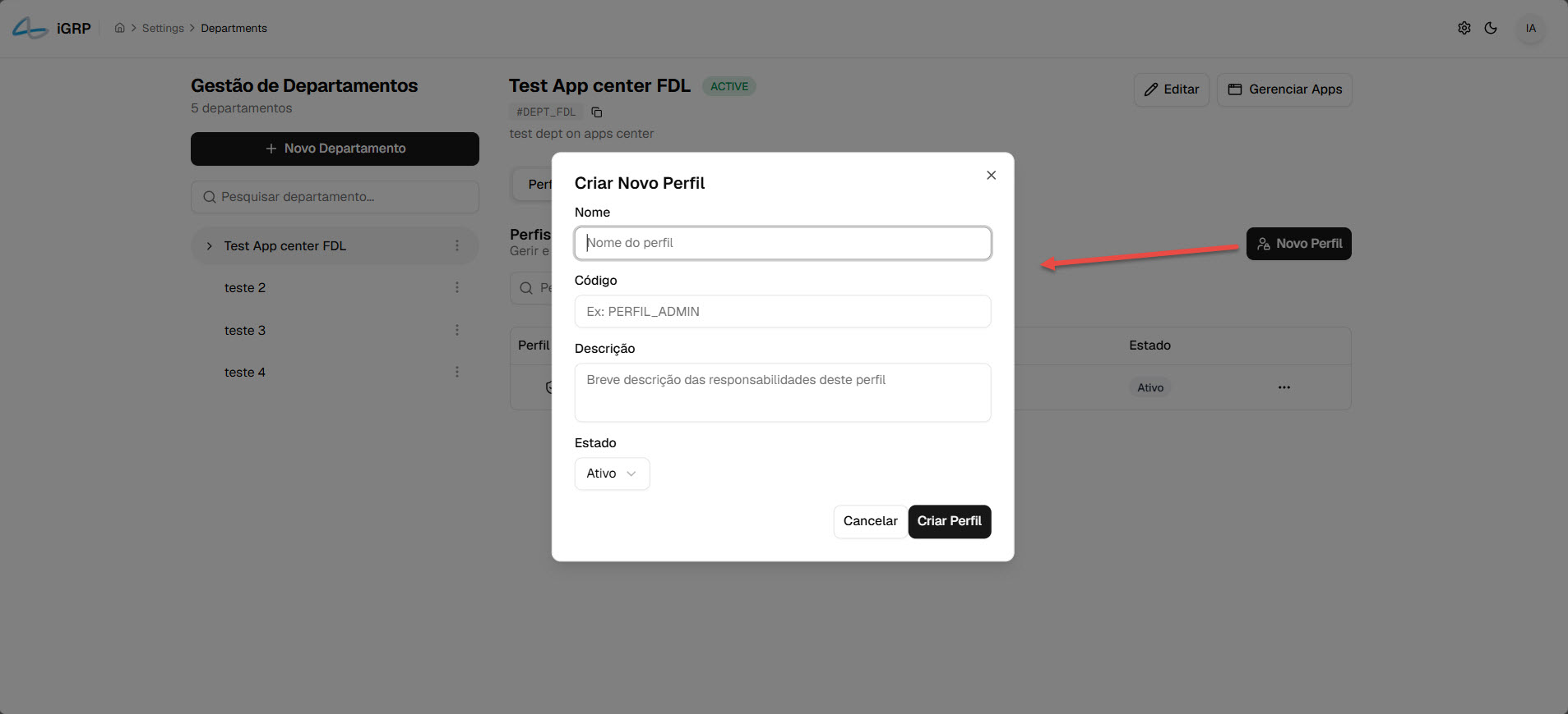 Modal Criar Novo Perfil