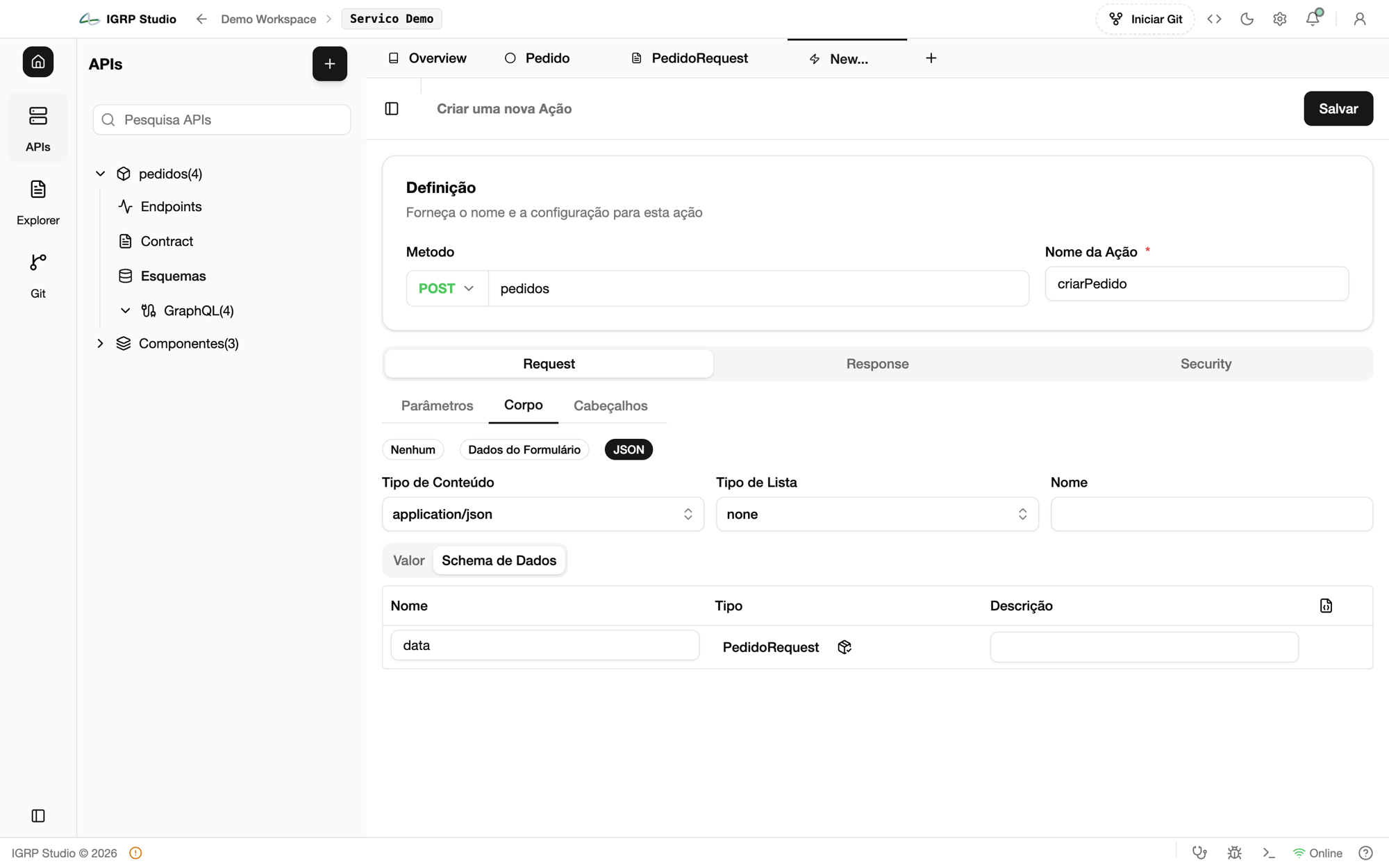 Ação POST pedidos com o corpo JSON a referenciar o contract PedidoRequest