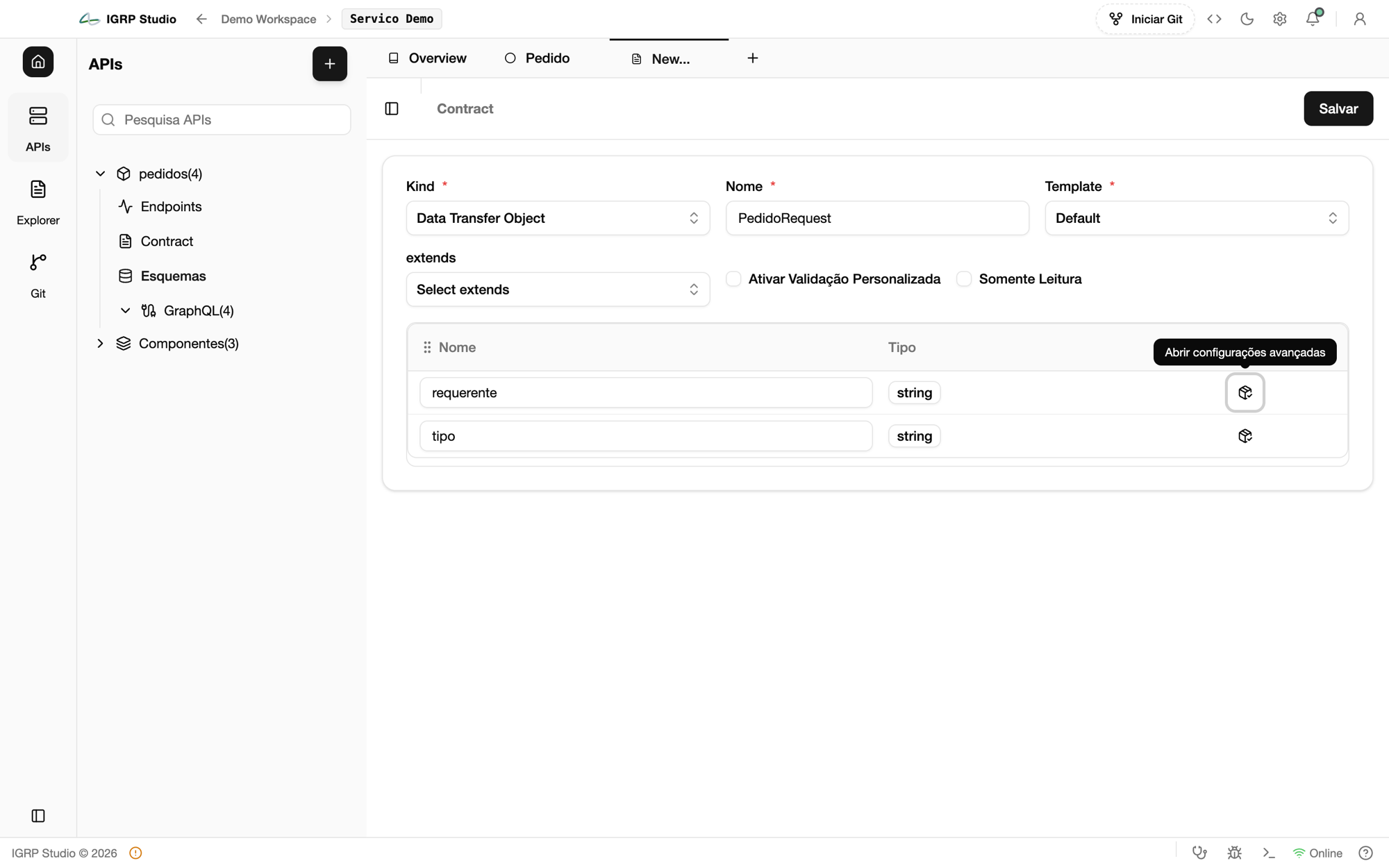Editor do Contract PedidoRequest com os atributos requerente e tipo