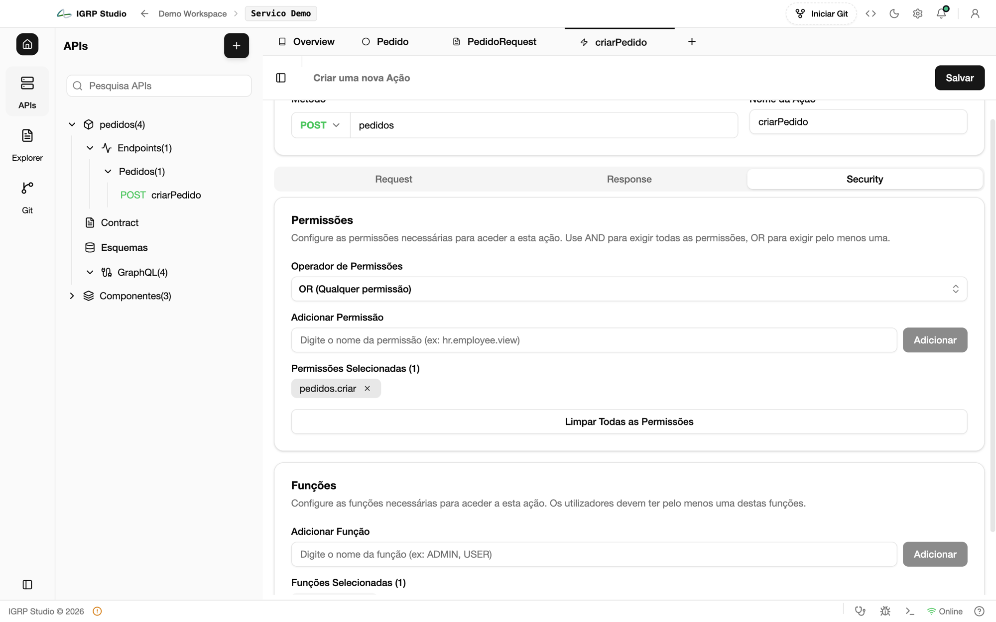 Árvore de APIs com o módulo pedidos, o endpoint POST criarPedido e o módulo partilhado Componentes