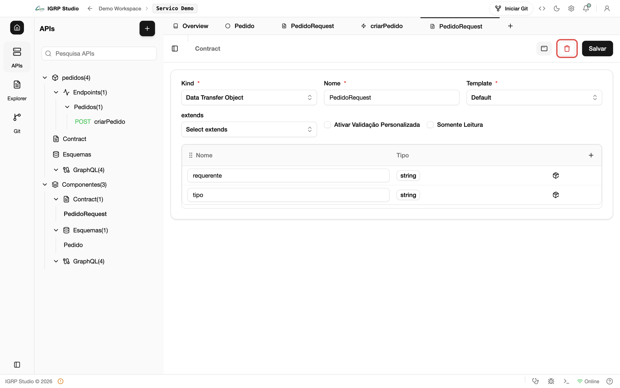 Botão de eliminar realçado no cabeçalho do editor de um contract