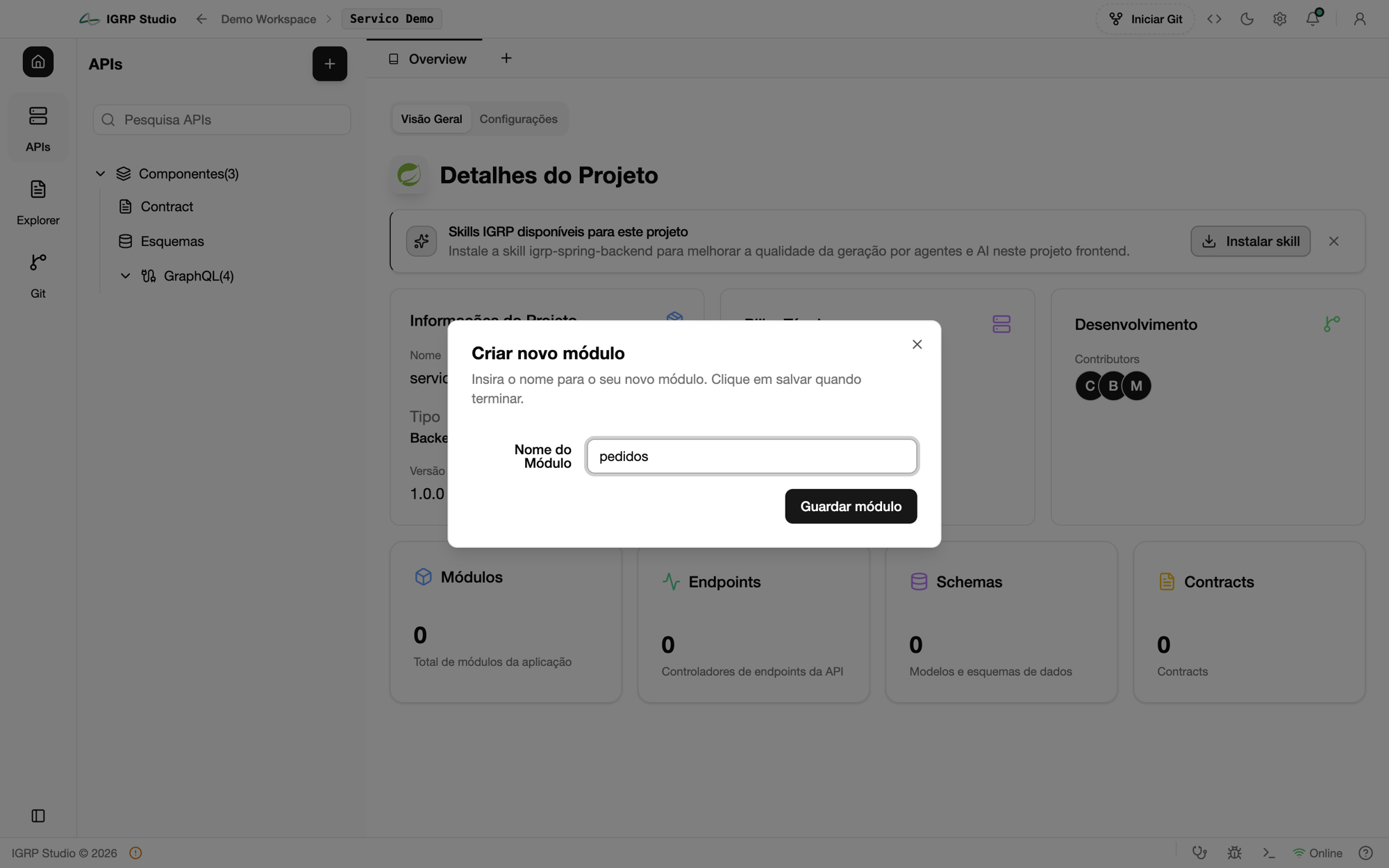Diálogo Criar novo módulo com o nome pedidos