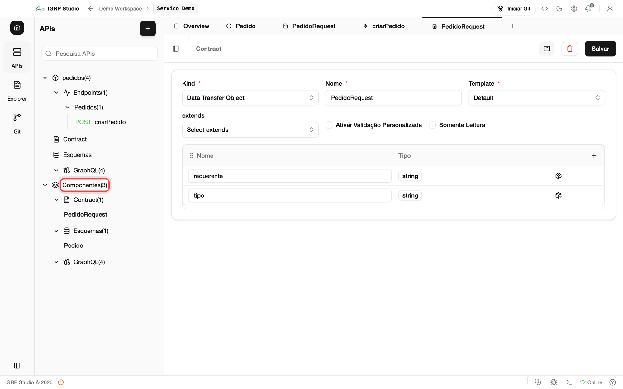 Módulo Componentes na árvore de APIs com o contract PedidoRequest e os esquemas Pedido e TipoPedido