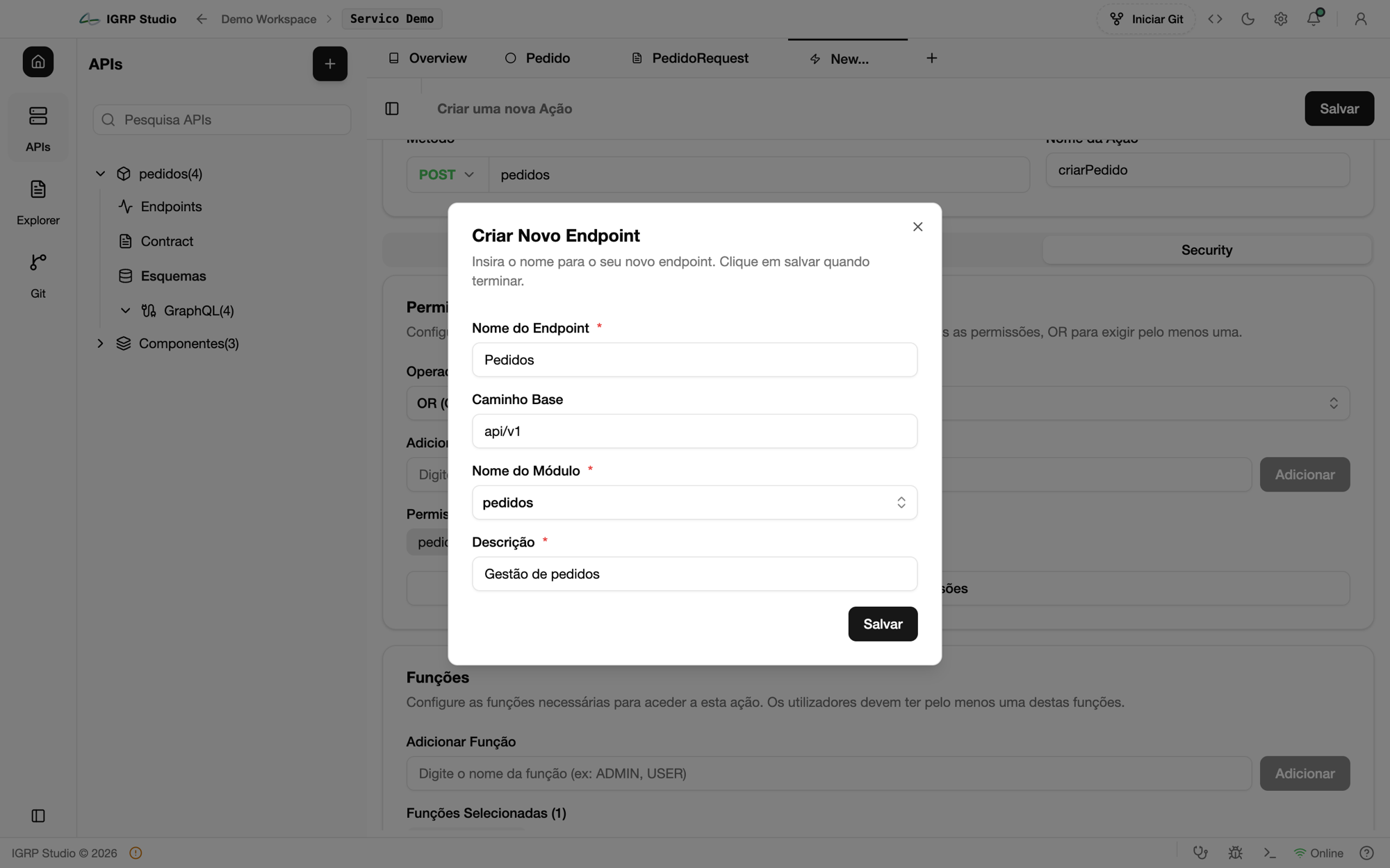 Diálogo Criar Novo Endpoint com o nome Pedidos, caminho base api/v1, módulo pedidos e descrição