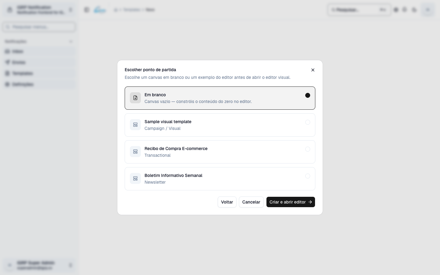 Passo Escolher ponto de partida com as opções Em branco, Sample visual template, Recibo de Compra E-commerce e Boletim Informativo Semanal
