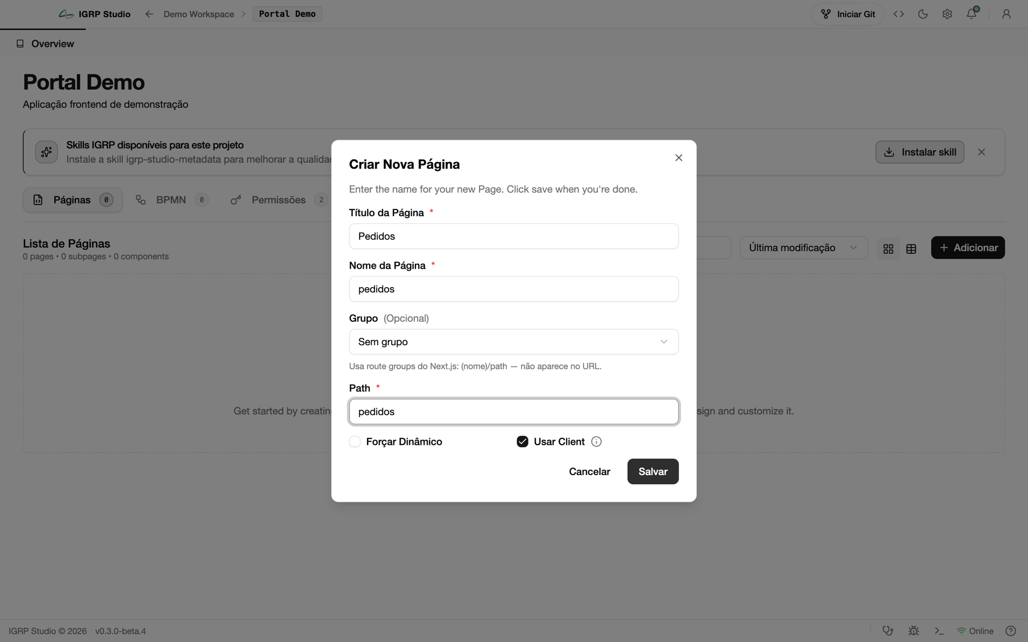 Diálogo Criar Nova Página com Título, Nome, Grupo, Path, Forçar Dinâmico e Usar Client