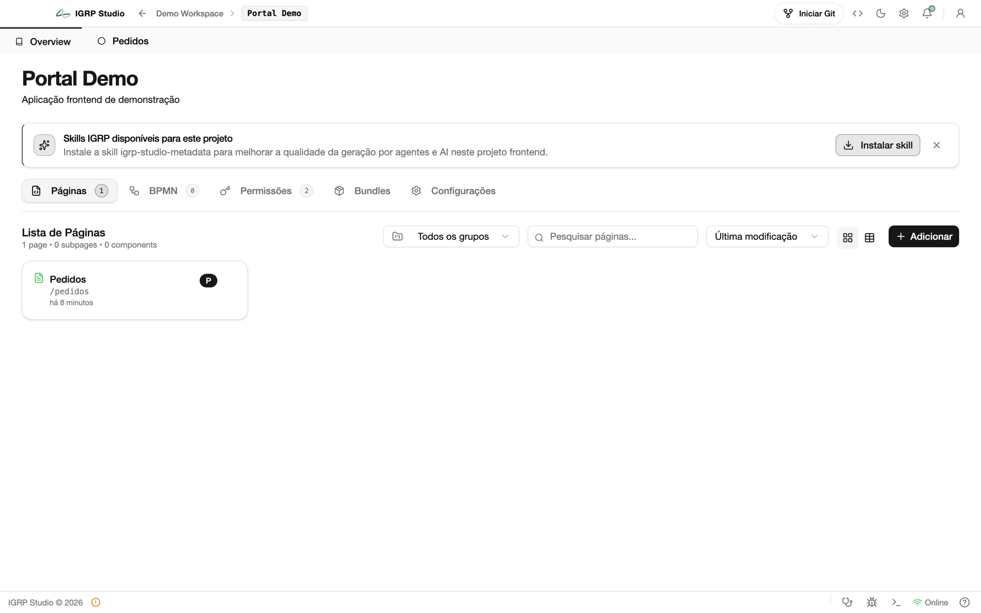 Vista geral do projeto Portal Demo com os separadores Páginas, BPMN, Permissões, Bundles e Configurações