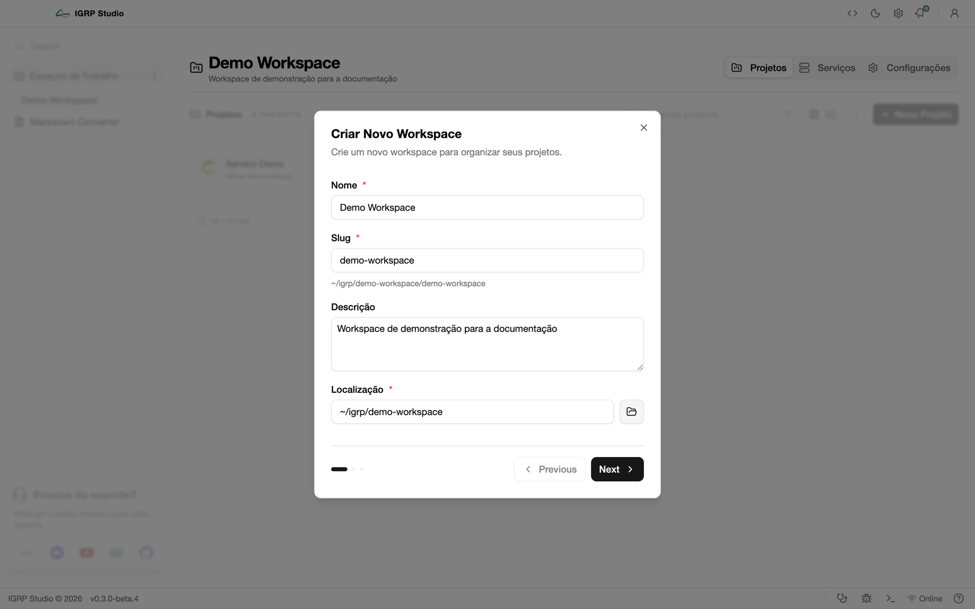 Passo Criar Novo Workspace, com Nome, Slug, Descrição e Localização
