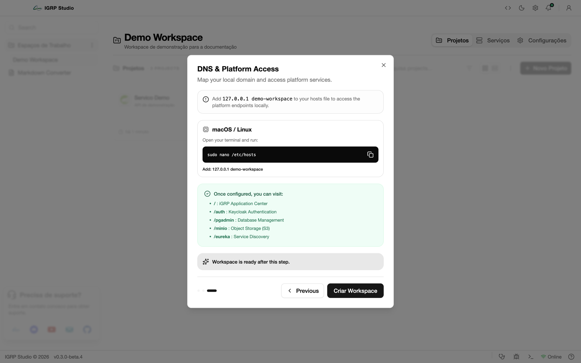 Passo DNS & Platform Access, com a linha a acrescentar ao ficheiro hosts e os endereços da plataforma