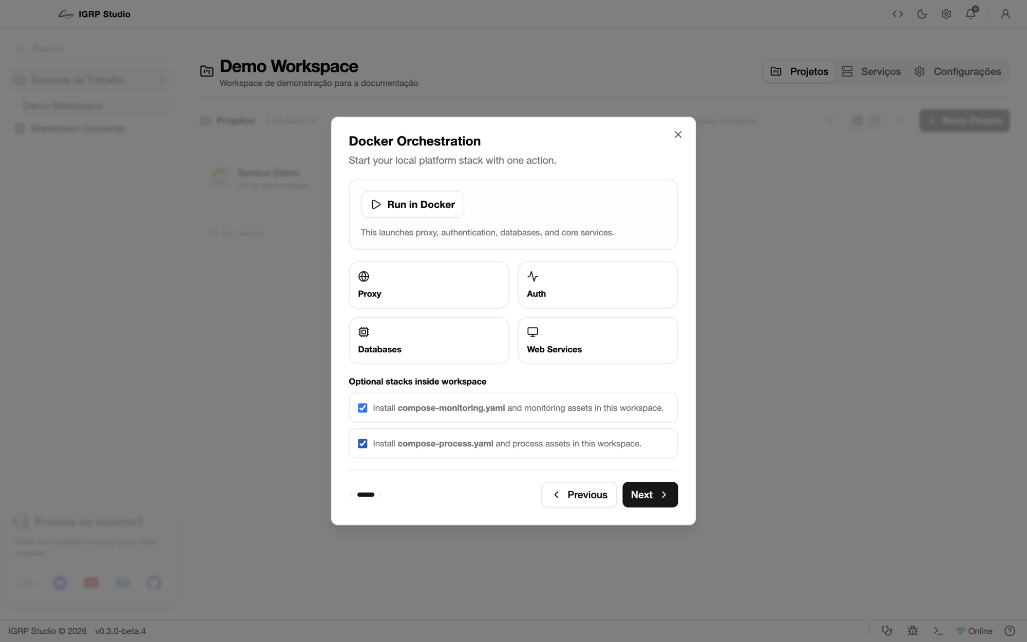 Passo Docker Orchestration, com as stacks opcionais de monitoring e process